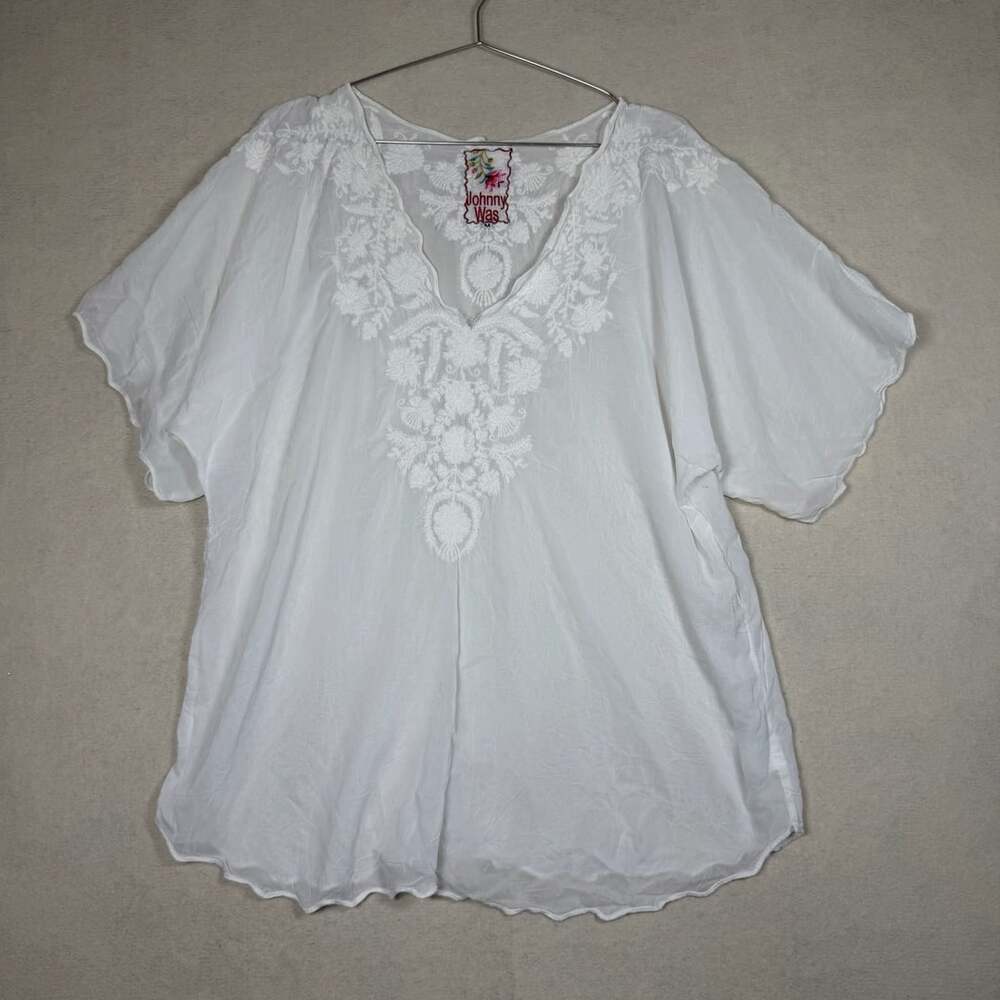 Johnny Was Blouse Womens M White Embroidered Lace Flowy Sheer Kaftan Rayon Top